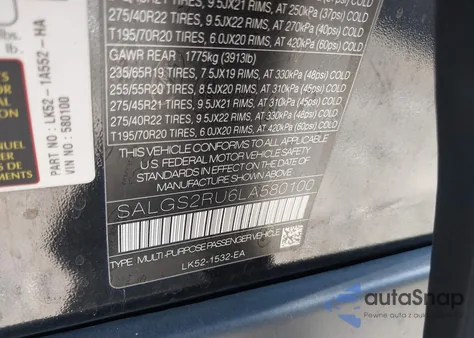 2020 Land Rover Range Rover Hse z USA, uszkodzony, nr VIN SALGS2RU6LA580100